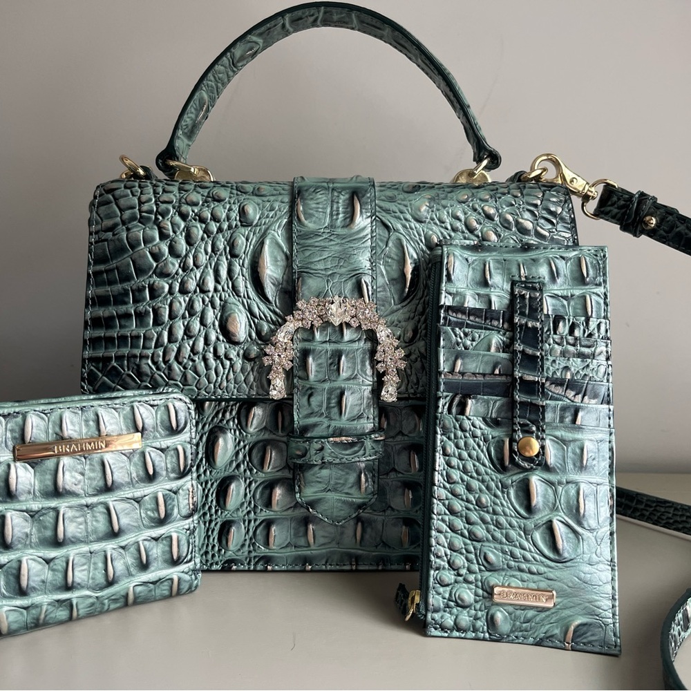 Rare Brahmin Luxe Melbourne Croc Embossed Satchel + Wallet + Credit Card Wallet